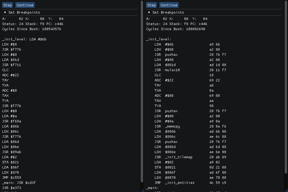 A before and after image of the debugger's code stepper. Notice the label names on the jump instructions